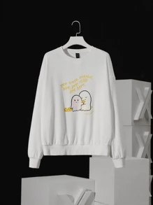Julmarkz Slogan & Cartoon Graphic Drop Shoulder Sweatshirt - White - View 1