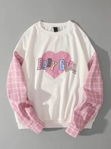 SHEIN Unity Áo chui đầu Đồ họa Trái tim & Chữ cái Tương phản Vải len vuông Tay áo - trắng - Xem 1