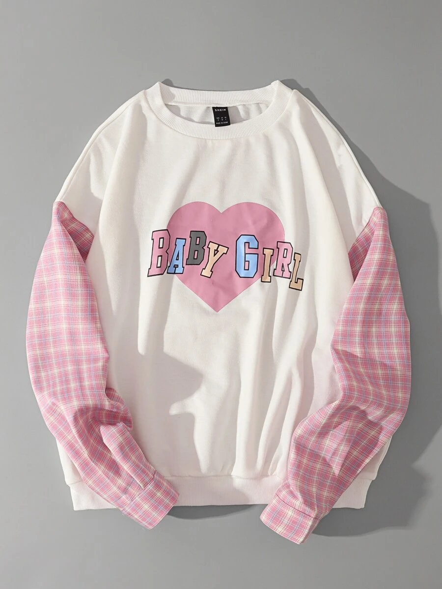 SHEIN Unity Áo chui đầu Đồ họa Trái tim & Chữ cái Tương phản Vải len vuông Tay áo - trắng - Xem 1