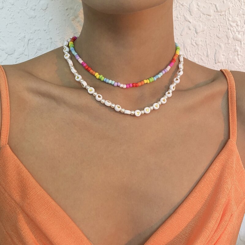 

2pcs Colorful Beaded Necklace, Multicolor