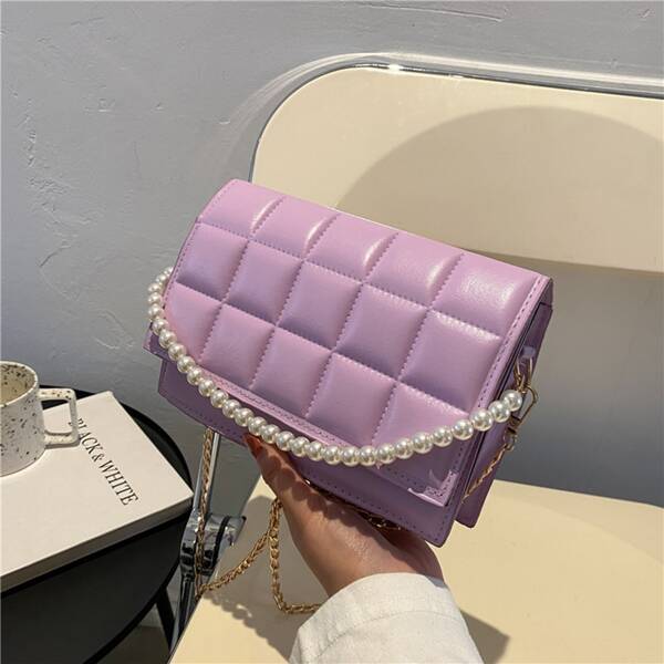 

Faux Pearl Decor Quilted Crossbody Bag, Purple