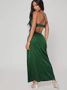 SHEIN SXY 鏤空露背交叉緞面洋裝 - 墨綠色 - 查看 3