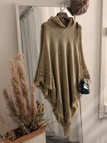Solid Fringe Hem Hooded Poncho - Khaki - View 1