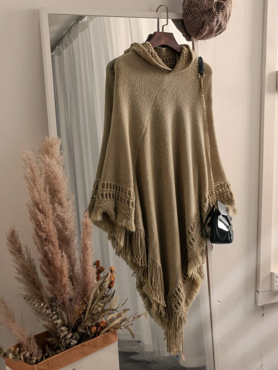 Solid Fringe Hem Hooded Poncho - Khaki - View 1