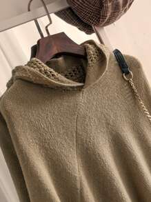 Solid Fringe Hem Hooded Poncho - Khaki - View 3