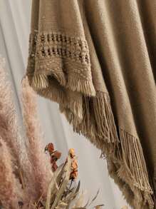 Solid Fringe Hem Hooded Poncho - Khaki - View 4