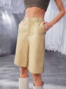 SHEIN Solid Textured PU Leather Shorts - Khaki - View 1