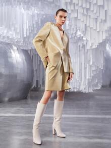 SHEIN Solid Textured PU Leather Shorts - Khaki - View 3