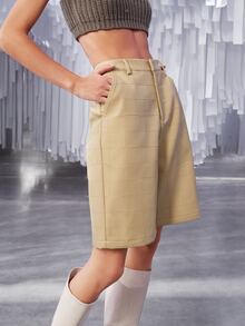 SHEIN Solid Textured PU Leather Shorts - Khaki - View 4