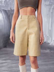 SHEIN Solid Textured PU Leather Shorts - Khaki - View 5