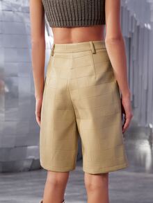 SHEIN Solid Textured PU Leather Shorts - Khaki - View 6