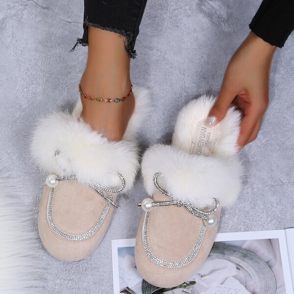 

Rhinestone & Faux Pearl Decor Fluffy Mules, Beige