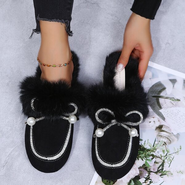 

Rhinestone & Faux Pearl Decor Fluffy Mules, Black
