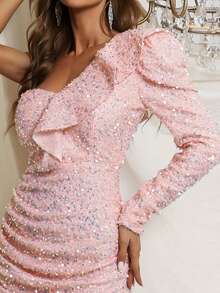 Missord One Shoulder Ruffle Trim Split Hem Sequin Dress - Baby Pink - View 7