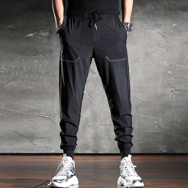 

Men Slant Pockets Drawstring Waist Joggers, Black