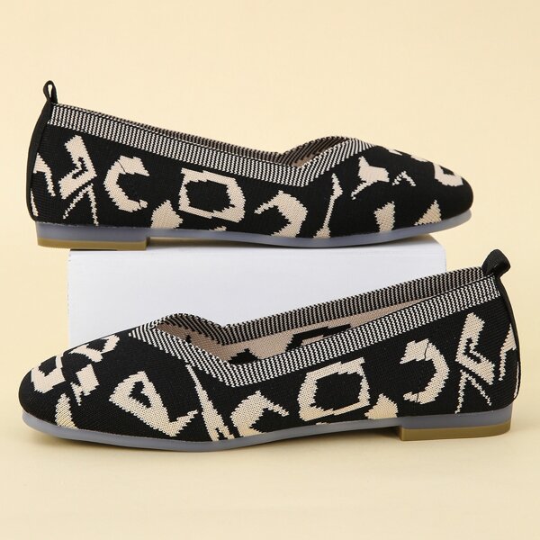 

Knit Detail Graphic Ballet Flats, Black