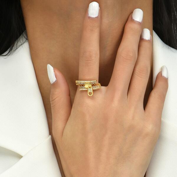 

Zircon Decor Zipper Ring, Gold