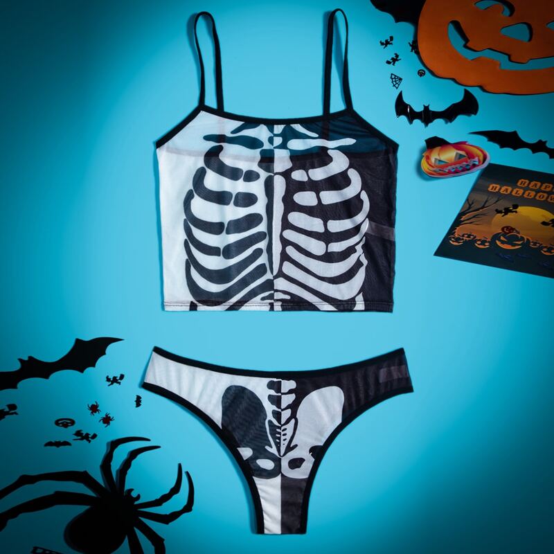 

Skeleton Print Mesh Lingerie Set, Black and white