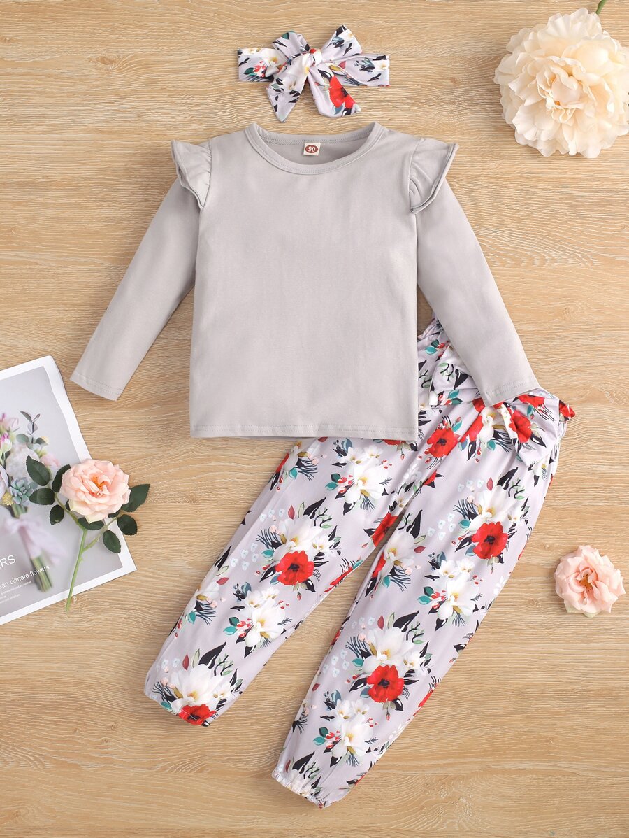 Toddler Girls Ruffle Trim Tee & Floral Paper Bag Waist Pants