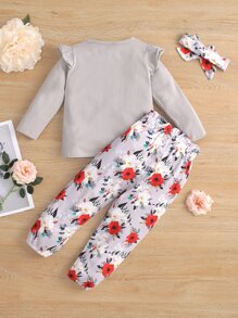Toddler Girls Ruffle Trim Tee & Floral Paper Bag Waist Pants