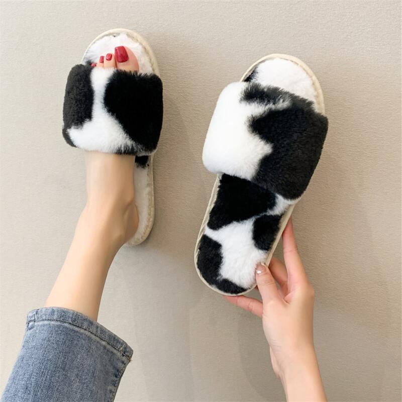 

Cow Print Fluffy Slippers, Black