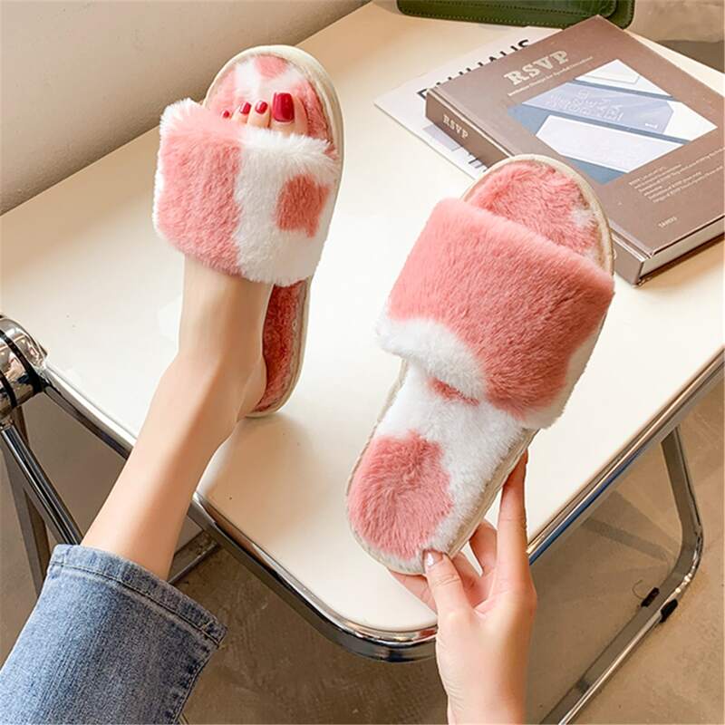 

Cow Print Fluffy Slippers, Pink
