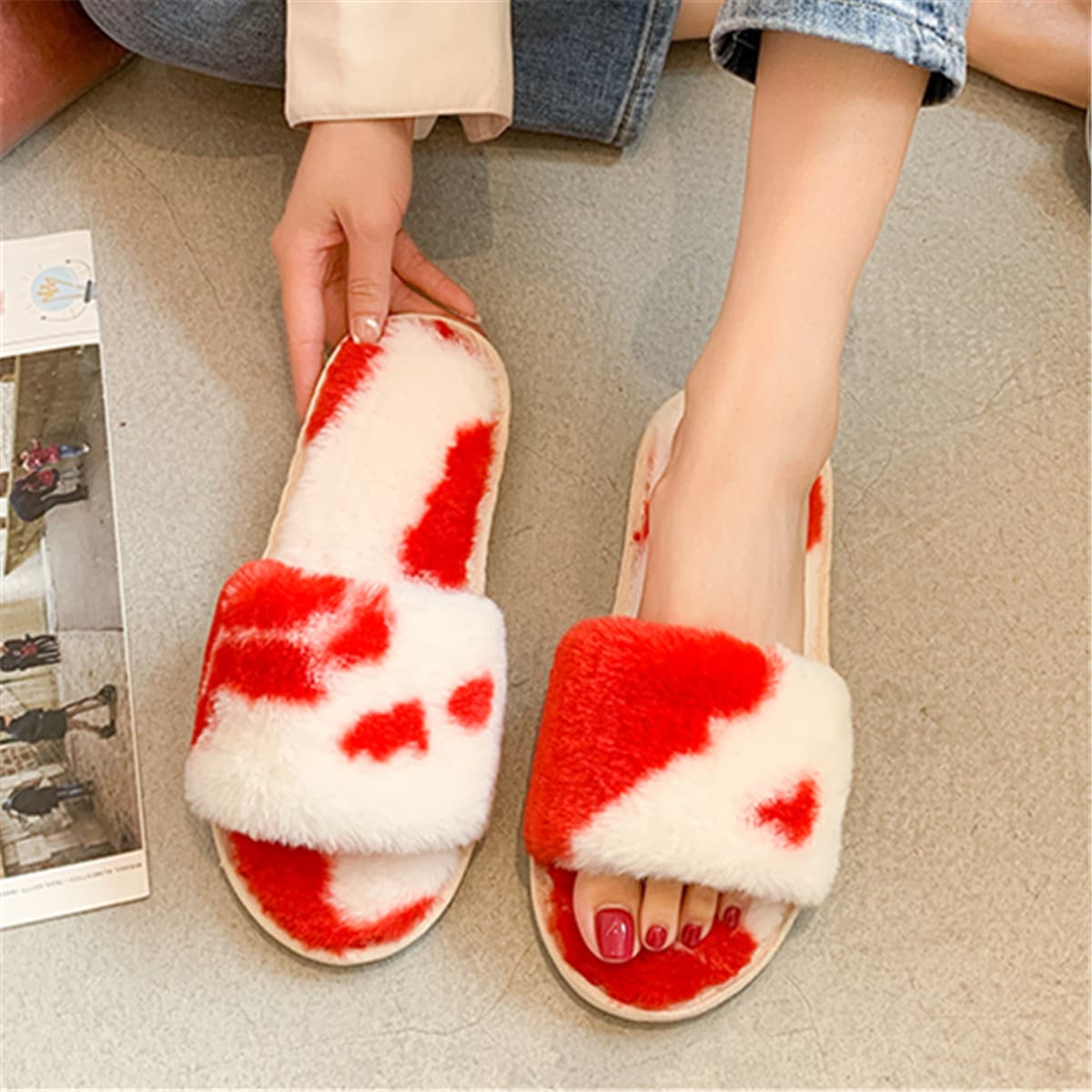 

Cow Print Fluffy Slippers, Red