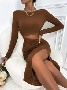 SHEIN SXY Cut Out Twist Front Slit Thigh Bodycon Dress - Brown - View 1