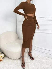SHEIN SXY Cut Out Twist Front Slit Thigh Bodycon Dress - Brown - View 3