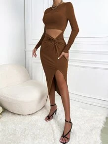 SHEIN SXY Cut Out Twist Front Slit Thigh Bodycon Dress - Brown - View 4