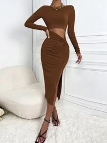 SHEIN SXY Cut Out Twist Front Slit Thigh Bodycon Dress - Brown - View 5
