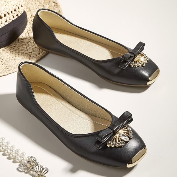 

Rhinestone & Bow Decor Ballet Flats, Black