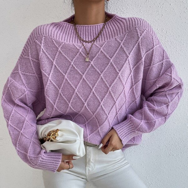 

Drop Shoulder Argyle Pattern Sweater, Lilac purple
