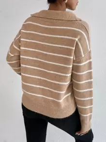 SHEIN Essnce Striped Notched Drop Shoulder Jumper - Khaki - View 2