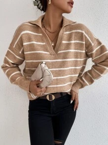 SHEIN Essnce Striped Notched Drop Shoulder Jumper - Khaki - View 4