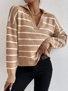 SHEIN Essnce Striped Notched Drop Shoulder Jumper - Khaki - View 5