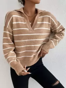 SHEIN Essnce Striped Notched Drop Shoulder Jumper - Khaki - View 6