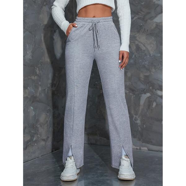 

solid Drawstring Waist Split Hem Sweatpants, Grey