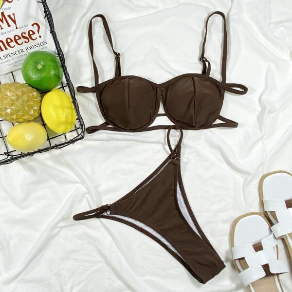 

Solid Thong Bikini Swimsuit, Chocolate brown