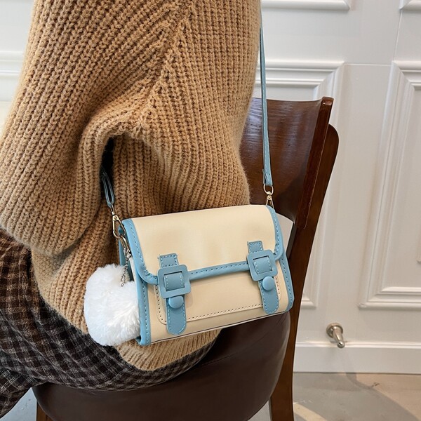 

Contrast Trim Flap Crossbody Bag, Beige