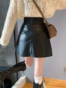 Chân váy da PU màu đen trơn, kiểu dáng thường ngày, màu đen, mùa xuân. - màu đen - Xem 2