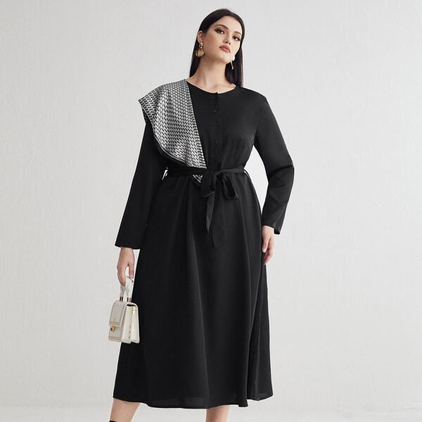 

Plus Half Button Belted A-line Dress With Scarf, Black