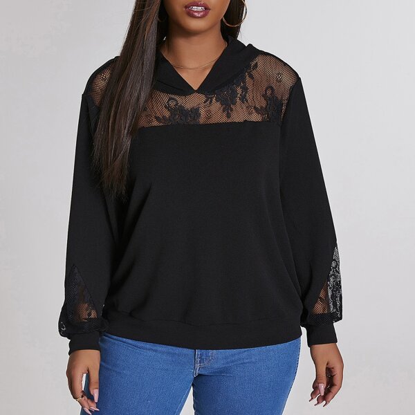 

Plus Floral Embroidery Hooded Sweatshirt, Black