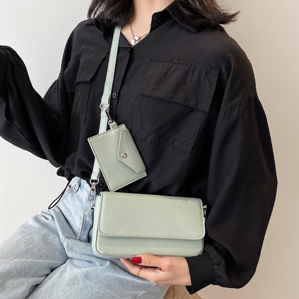 

Minimalist Flap Crossbody Bag With Purse, Green
