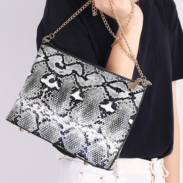 

Snakeskin Chain Crossbody Bag, Black and white