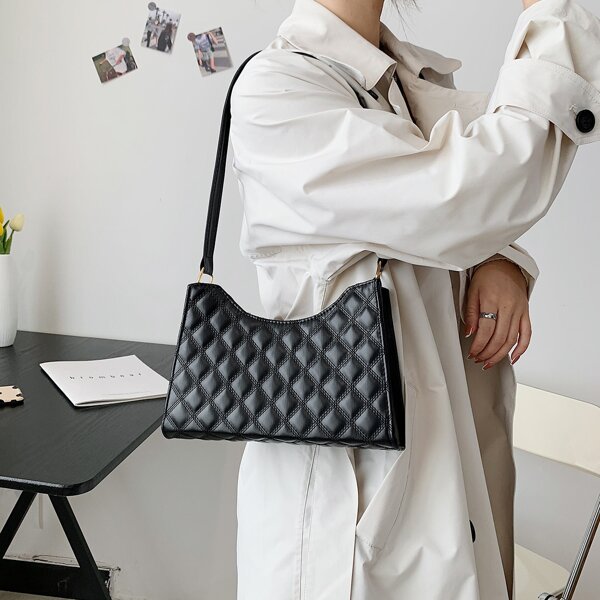 

Minimalist Quilted Baguette Bag, Black