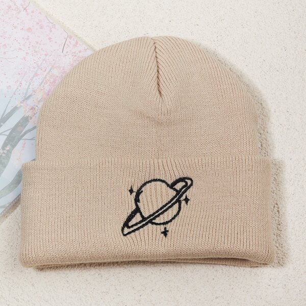 

Planet Embroidery Knit Beanie, Beige