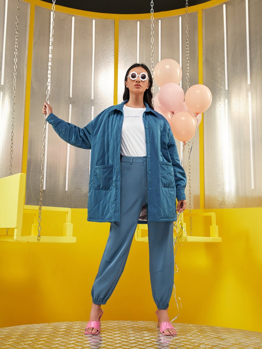 ALINA BOLGERT 口袋貼布落肩袖絎縫外套 - 霧霾藍 - 查看 1