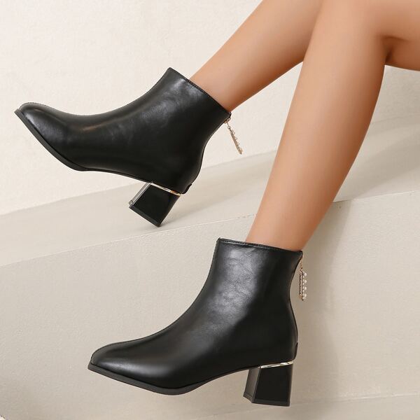 

Rhinestone Zip Decor Chunky Boots, Black