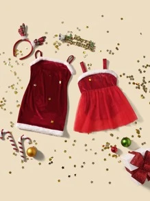Baby 1pc Fuzzy Trim Velvet Party Dress - Red - View 2